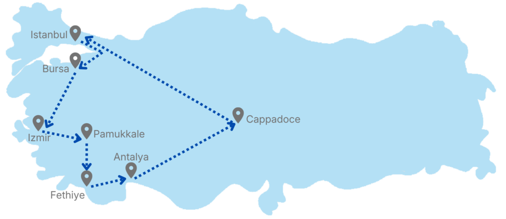 Carte de notre itinéraire de 3 semaines en Turquie